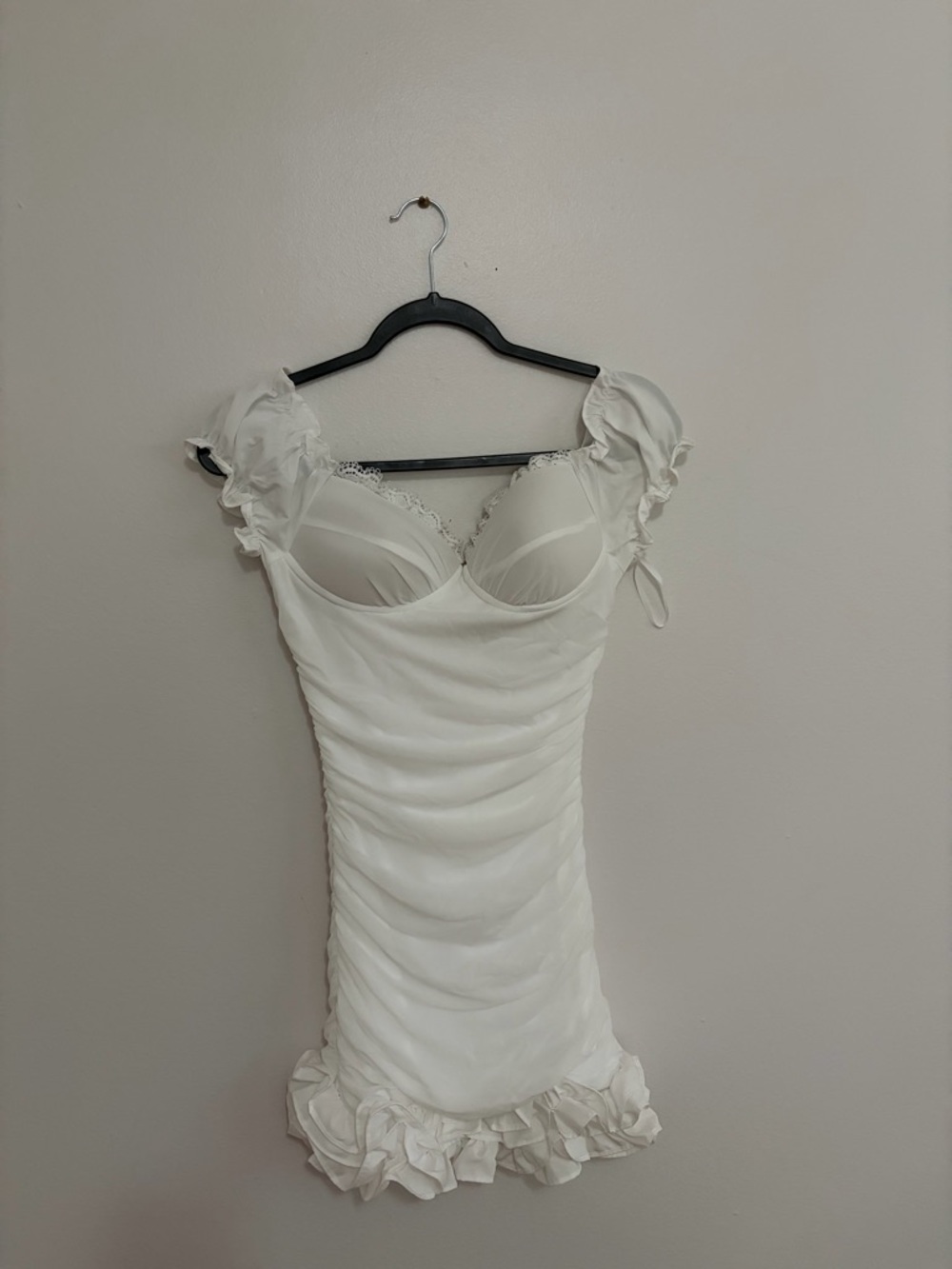 SHEIN White Ruffled Bust Mini Dress with Puff Sleeves